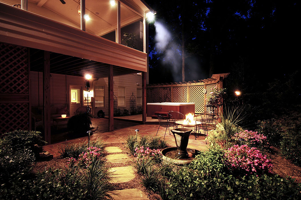 Close-up of patio with firepit and hot tub