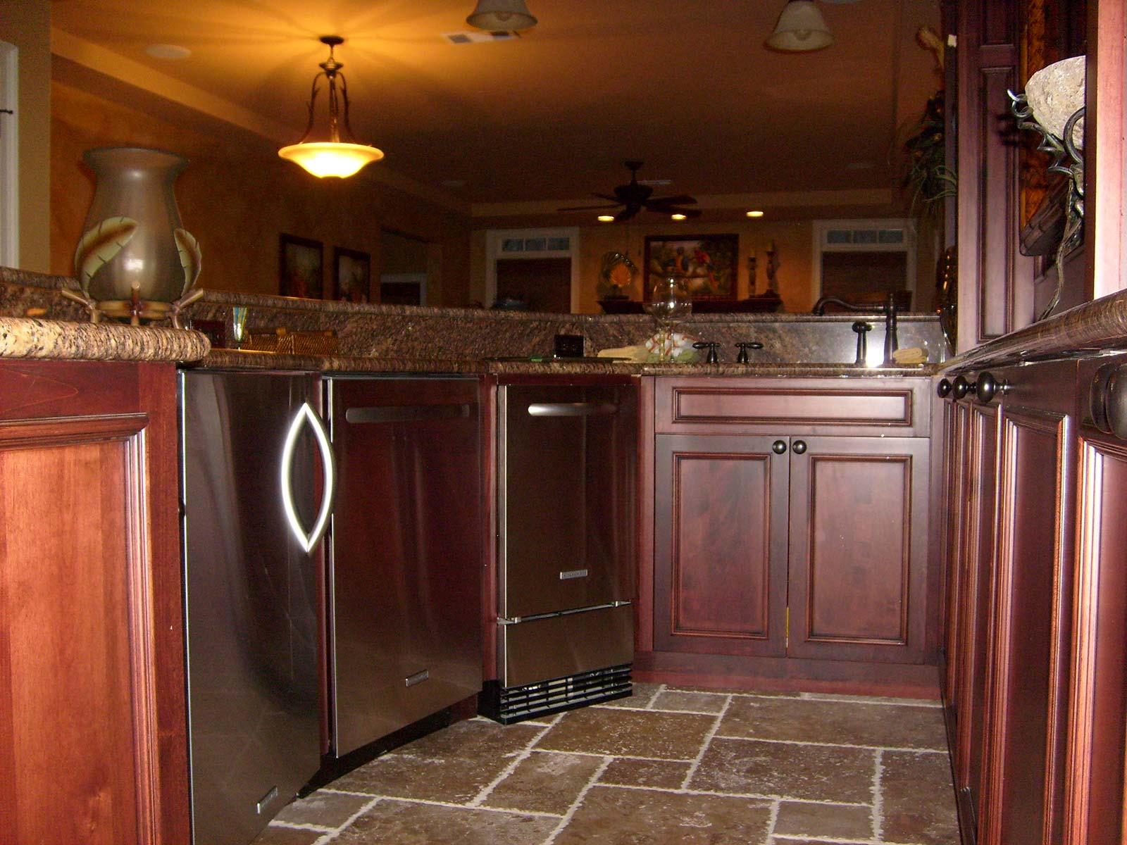 Low view behind bar showing appliances