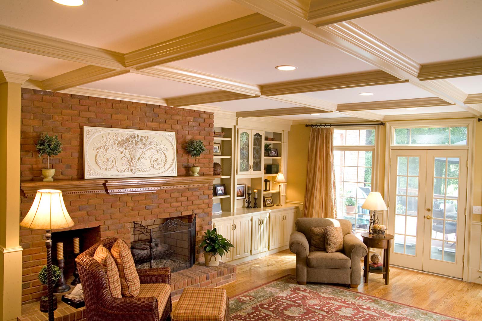 Deep cofferecd ceiling in living room remodel