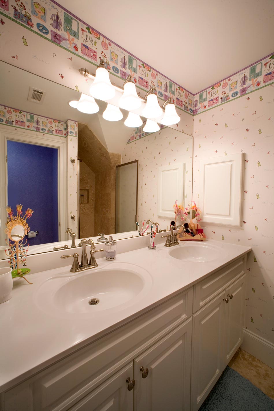 Upstairs bathroom with double vanity